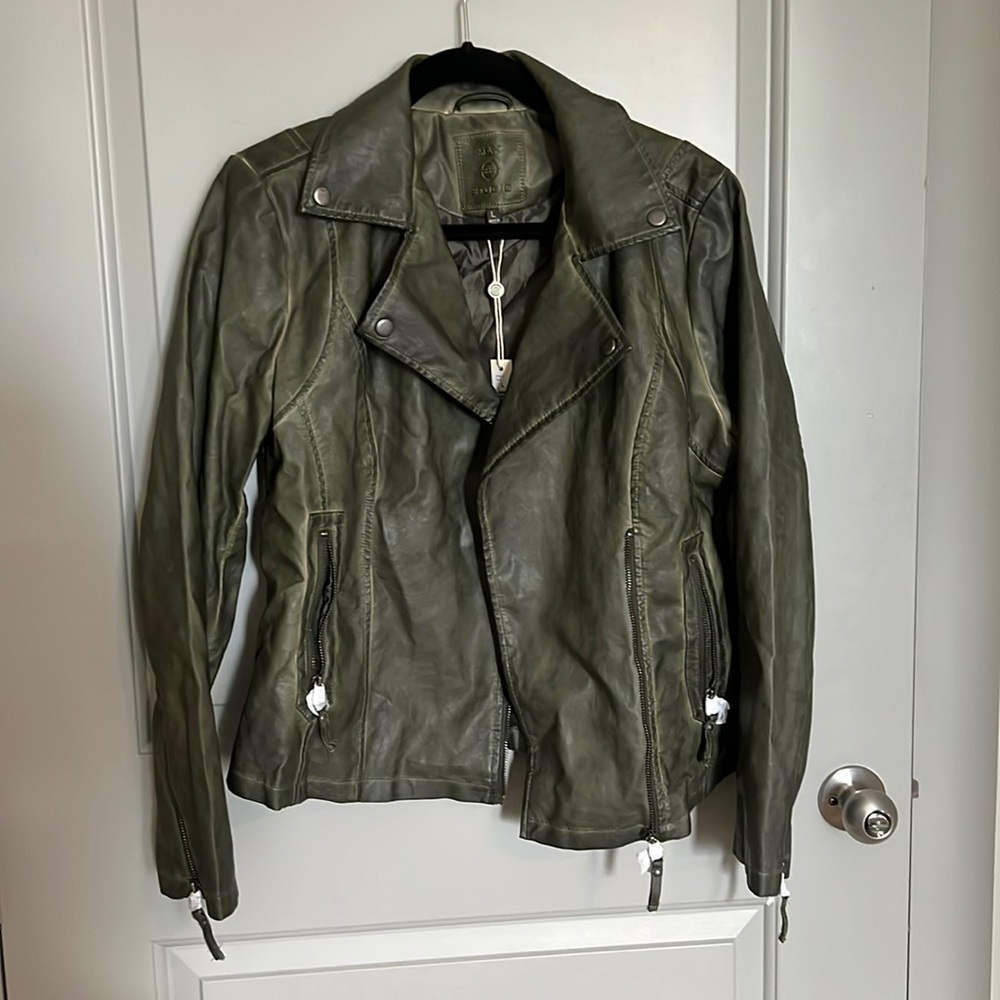 NWT FAUX LEATHER OLIVE GREEN MOTO JACKET MAC STUDIO SIZE LARGE